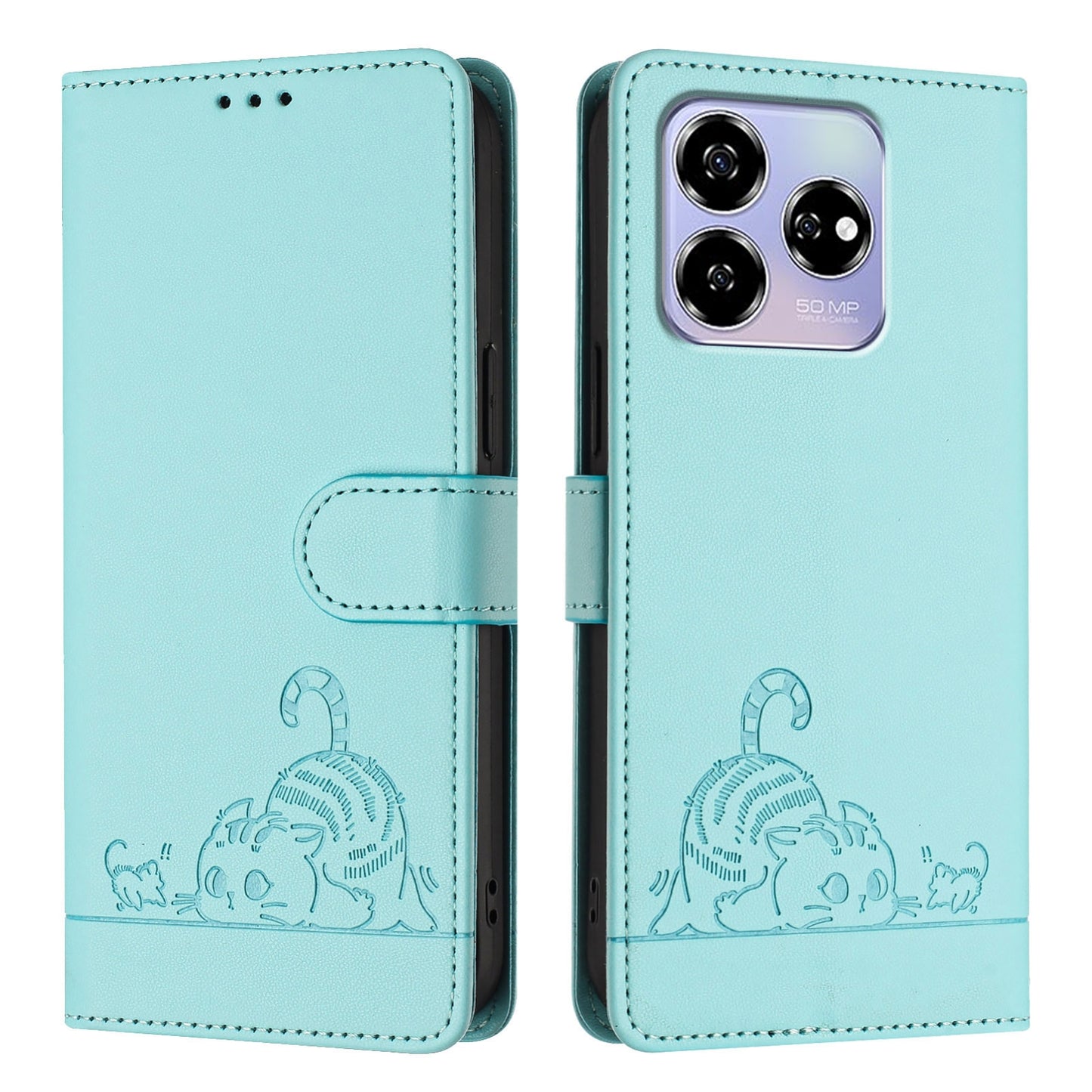 ZTE Blade V60 Leather Phone Case with Cat and Rat Embossed Pattern, RFID Protection, Card Holder Slots, Anti-fall Feature & Lanyard