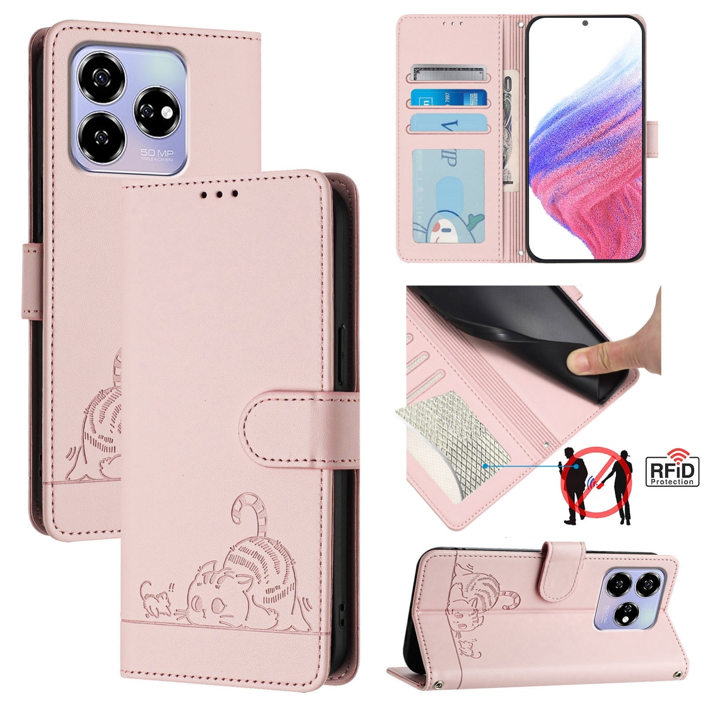 ZTE Blade V60 Leather Phone Case with Cat and Rat Embossed Pattern, RFID Protection, Card Holder Slots, Anti-fall Feature & Lanyard