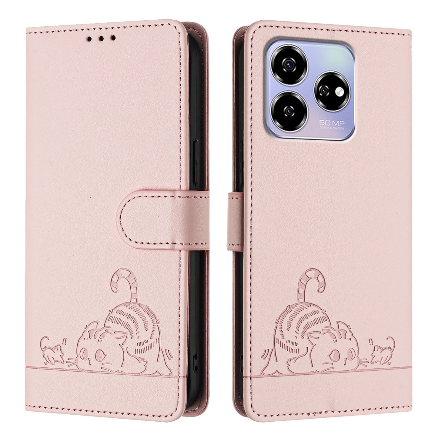 ZTE Blade V60 Leather Phone Case with Cat and Rat Embossed Pattern, RFID Protection, Card Holder Slots, Anti-fall Feature & Lanyard