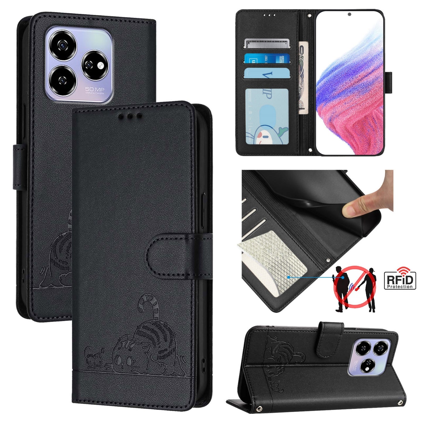 ZTE Blade V60 Leather Phone Case with Cat and Rat Embossed Pattern, RFID Protection, Card Holder Slots, Anti-fall Feature & Lanyard