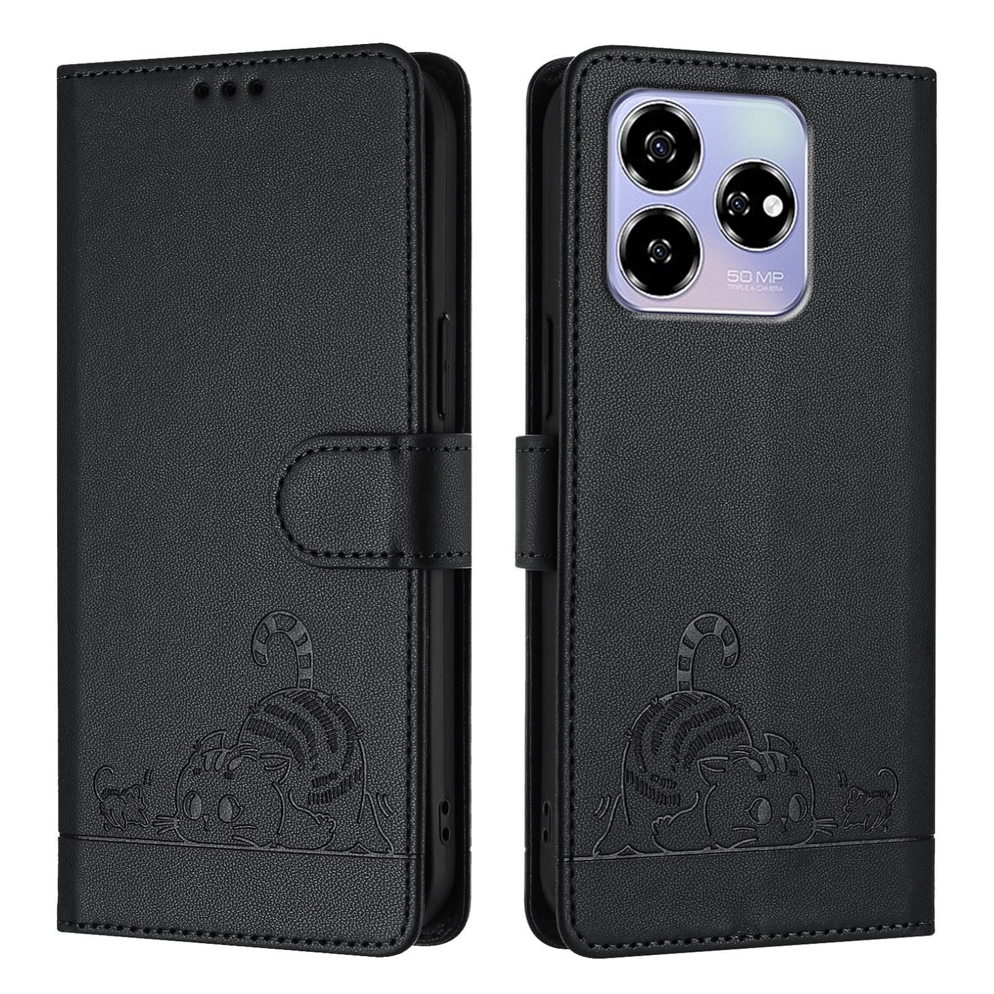 ZTE Blade V60 Leather Phone Case with Cat and Rat Embossed Pattern, RFID Protection, Card Holder Slots, Anti-fall Feature & Lanyard