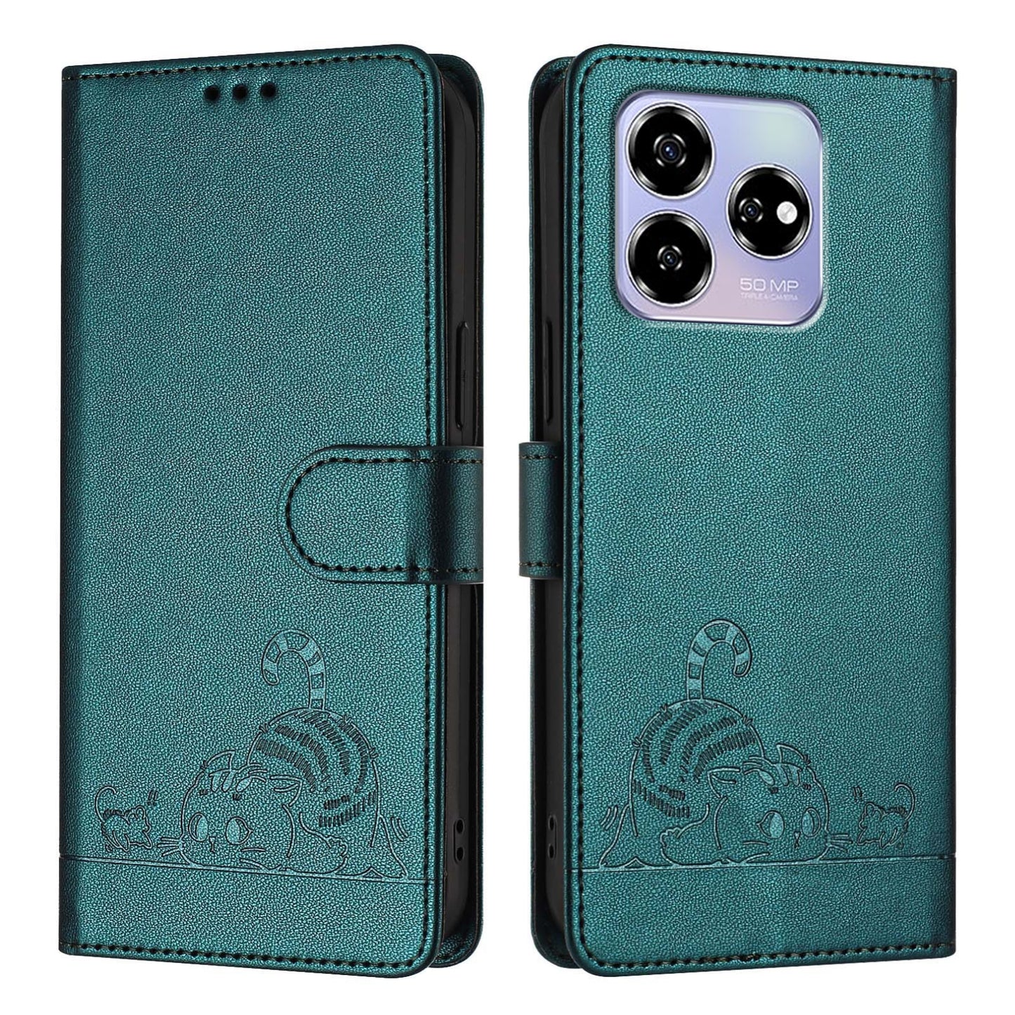 ZTE Blade V60 Leather Phone Case with Cat and Rat Embossed Pattern, RFID Protection, Card Holder Slots, Anti-fall Feature & Lanyard