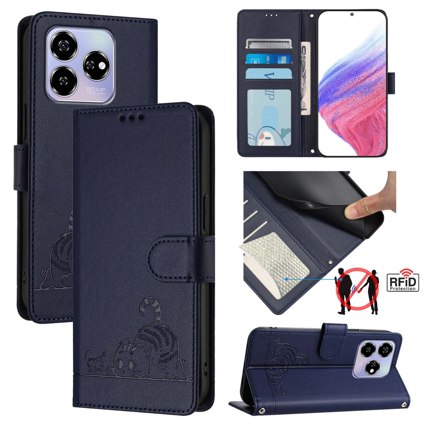 ZTE Blade V60 Leather Phone Case with Cat and Rat Embossed Pattern, RFID Protection, Card Holder Slots, Anti-fall Feature & Lanyard