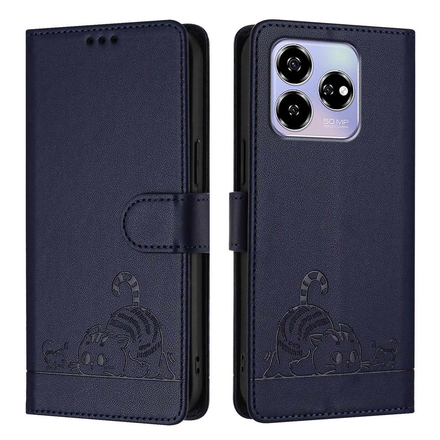 ZTE Blade V60 Leather Phone Case with Cat and Rat Embossed Pattern, RFID Protection, Card Holder Slots, Anti-fall Feature & Lanyard