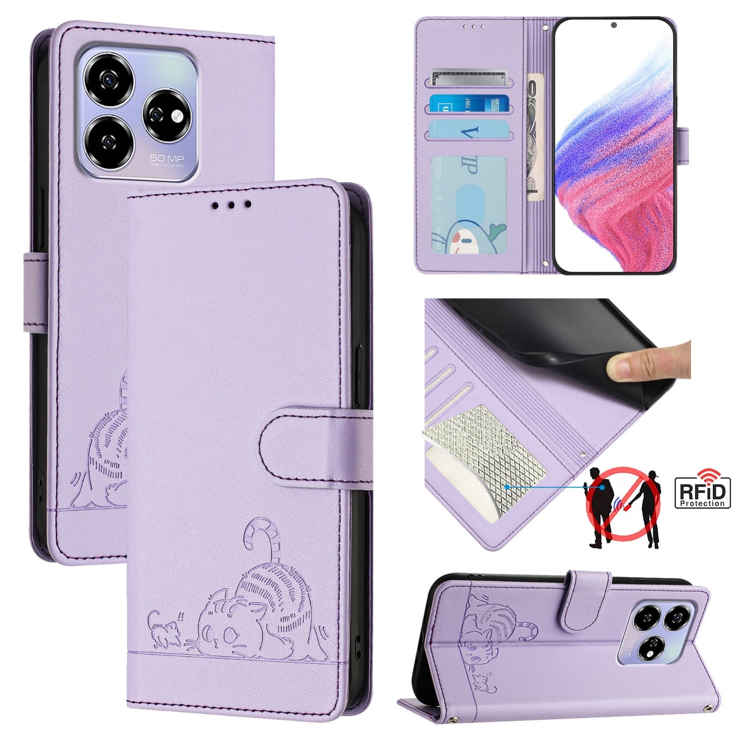 ZTE Blade V60 Leather Phone Case with Cat and Rat Embossed Pattern, RFID Protection, Card Holder Slots, Anti-fall Feature & Lanyard
