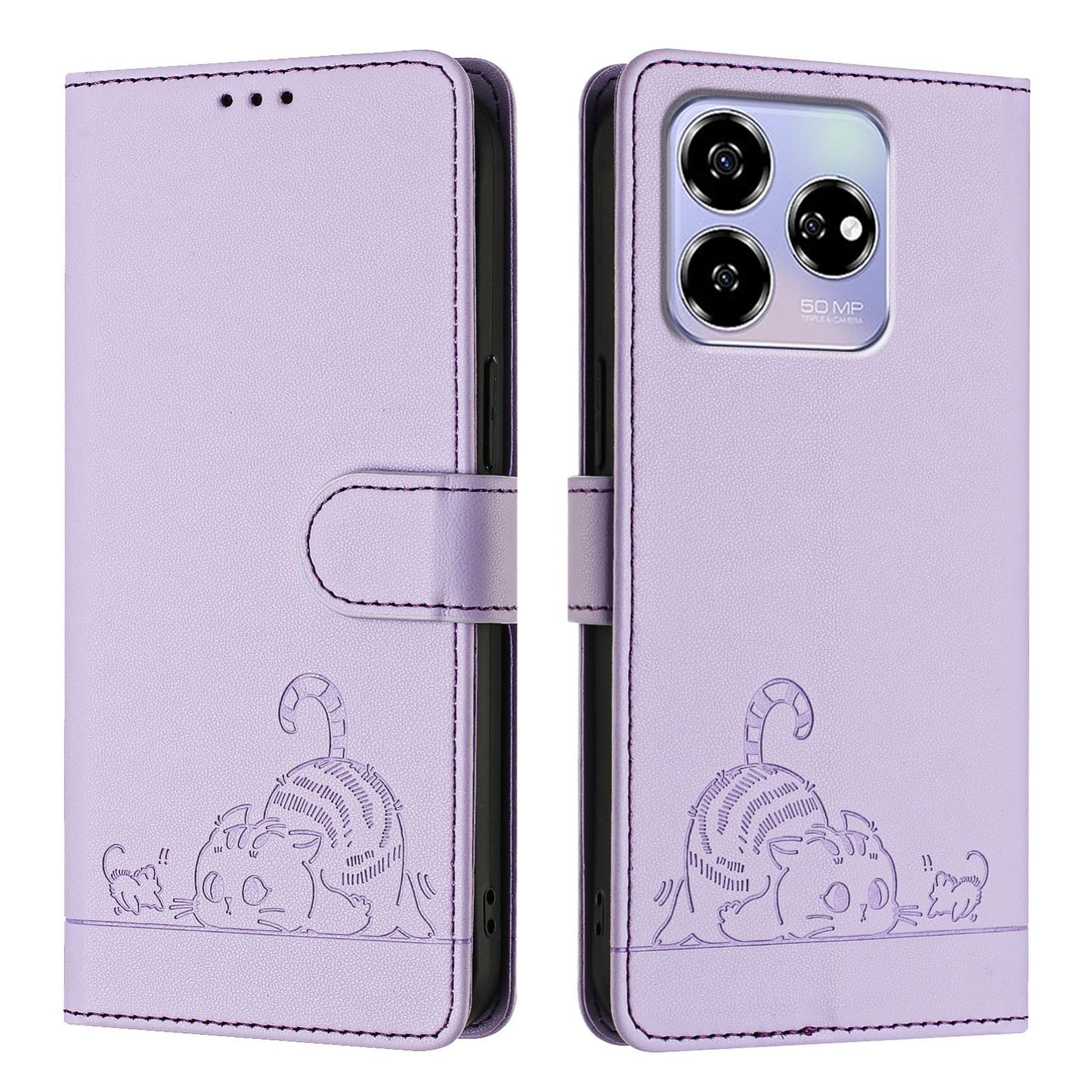 ZTE Blade V60 Leather Phone Case with Cat and Rat Embossed Pattern, RFID Protection, Card Holder Slots, Anti-fall Feature & Lanyard