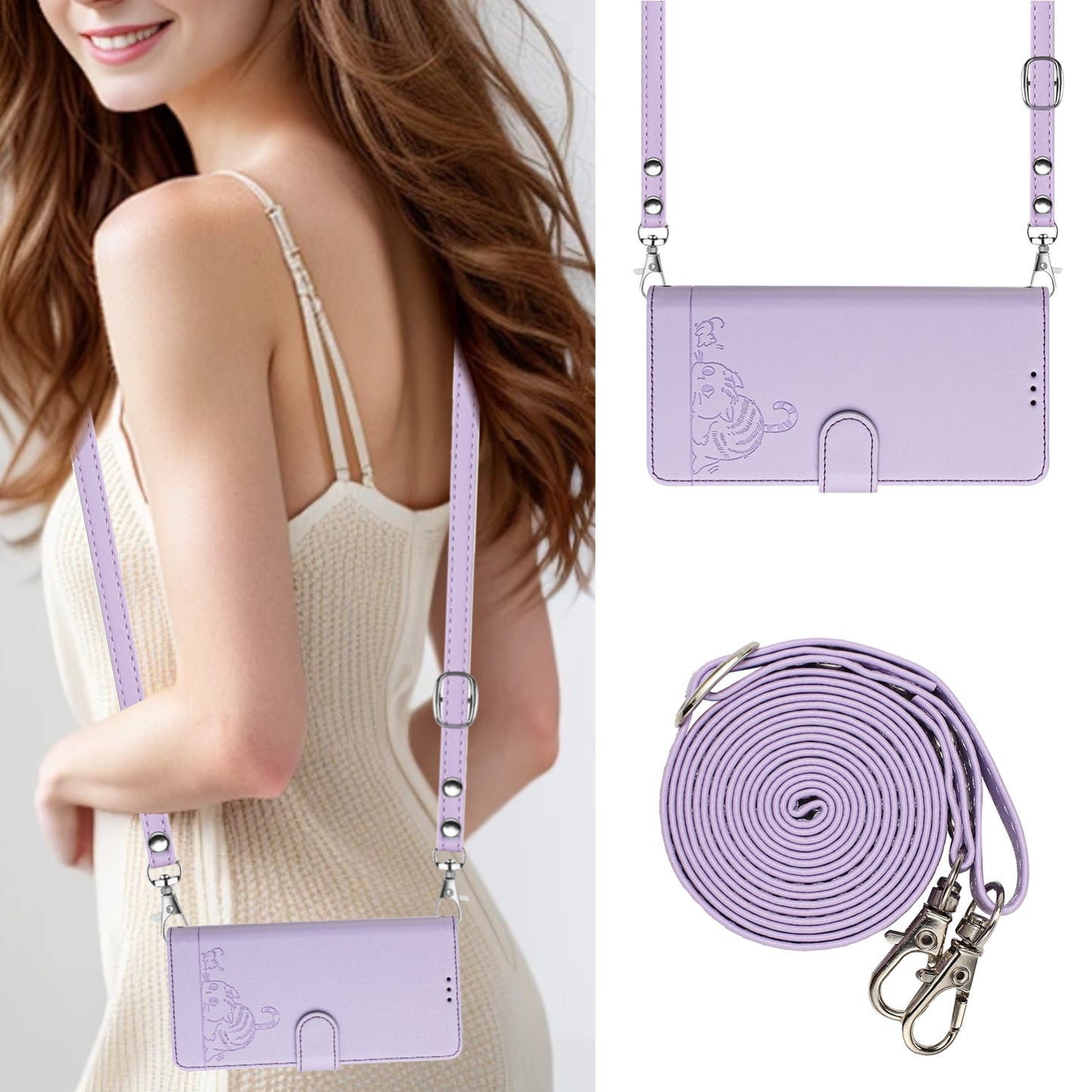 ZTE Blade V60 Leather Phone Case with Cat and Rat Embossed Pattern, RFID Protection, Card Holder Slots, Anti-fall Feature & Lanyard