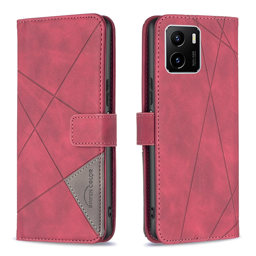 vivo Y15s Wallet Case – Rhombus Texture PU Leather, Magnetic Buckle, Card Slots, Stand Function, Shockproof Protective Cover