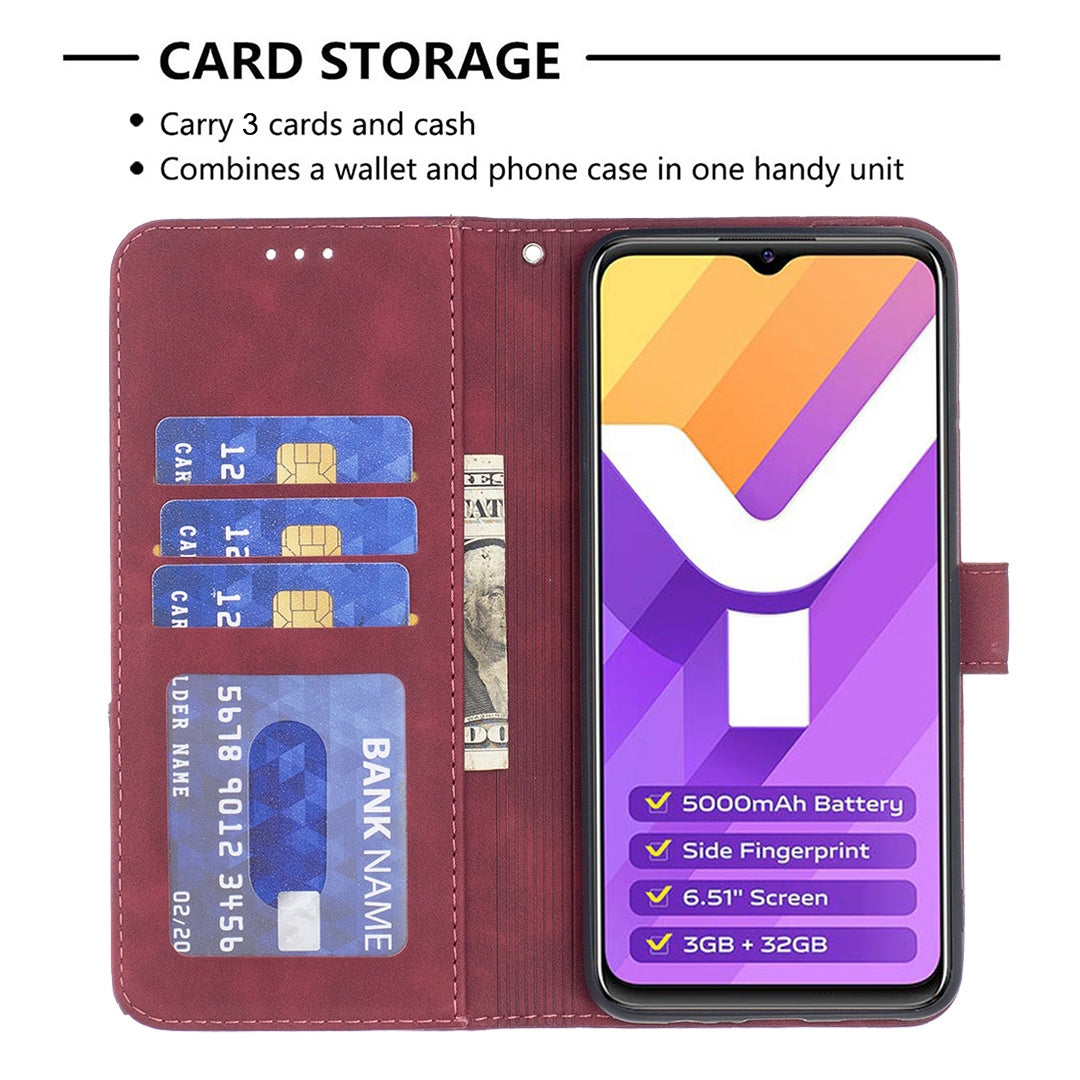 vivo Y15s Wallet Case – Rhombus Texture PU Leather, Magnetic Buckle, Card Slots, Stand Function, Shockproof Protective Cover