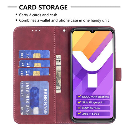 vivo Y15s Wallet Case – Rhombus Texture PU Leather, Magnetic Buckle, Card Slots, Stand Function, Shockproof Protective Cover