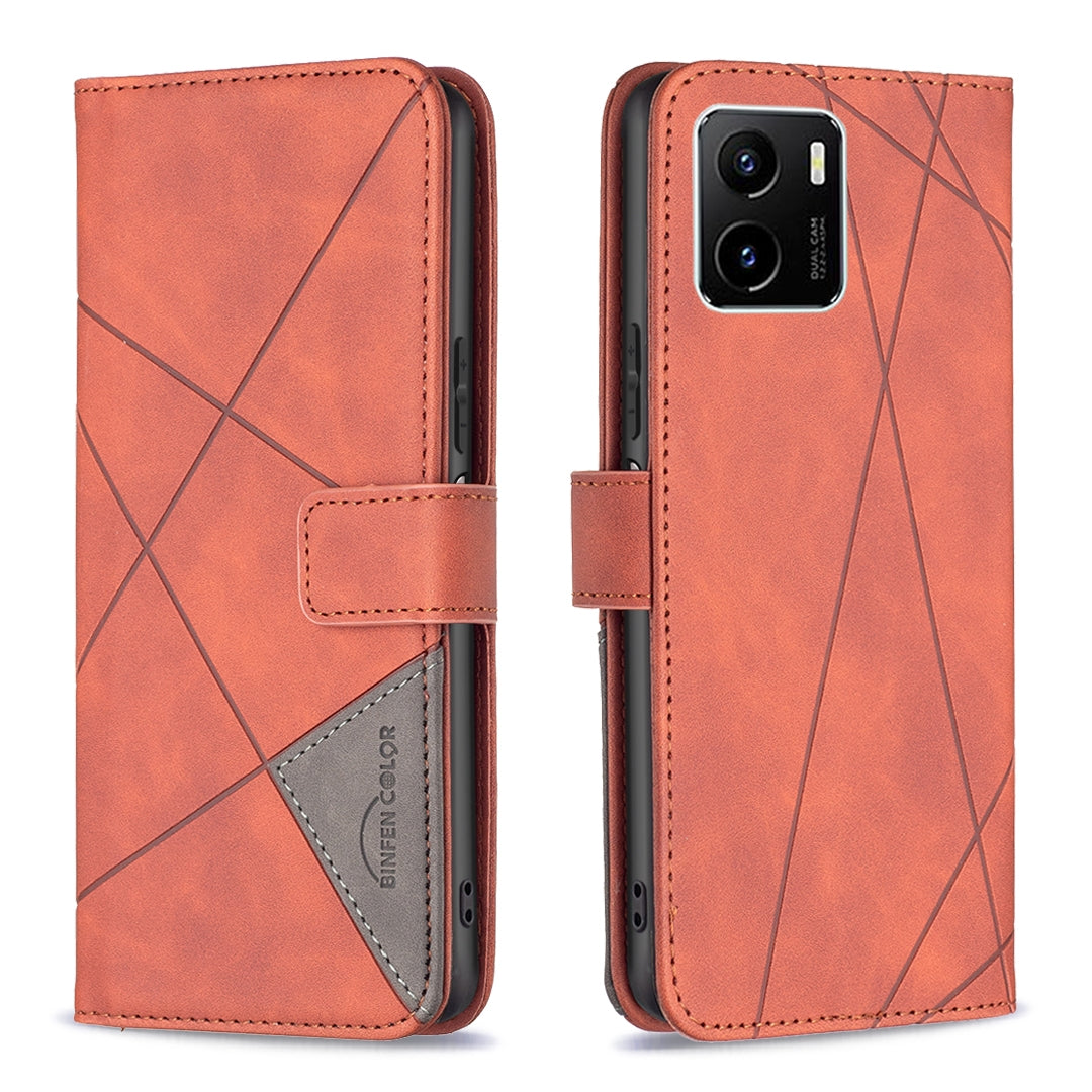 vivo Y15s Wallet Case – Rhombus Texture PU Leather, Magnetic Buckle, Card Slots, Stand Function, Shockproof Protective Cover