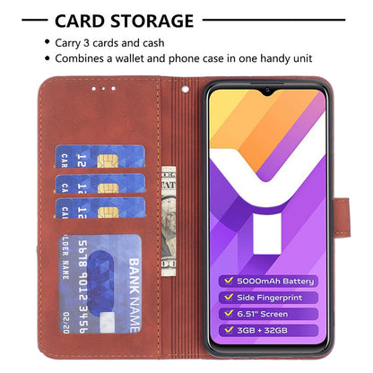 vivo Y15s Wallet Case – Rhombus Texture PU Leather, Magnetic Buckle, Card Slots, Stand Function, Shockproof Protective Cover