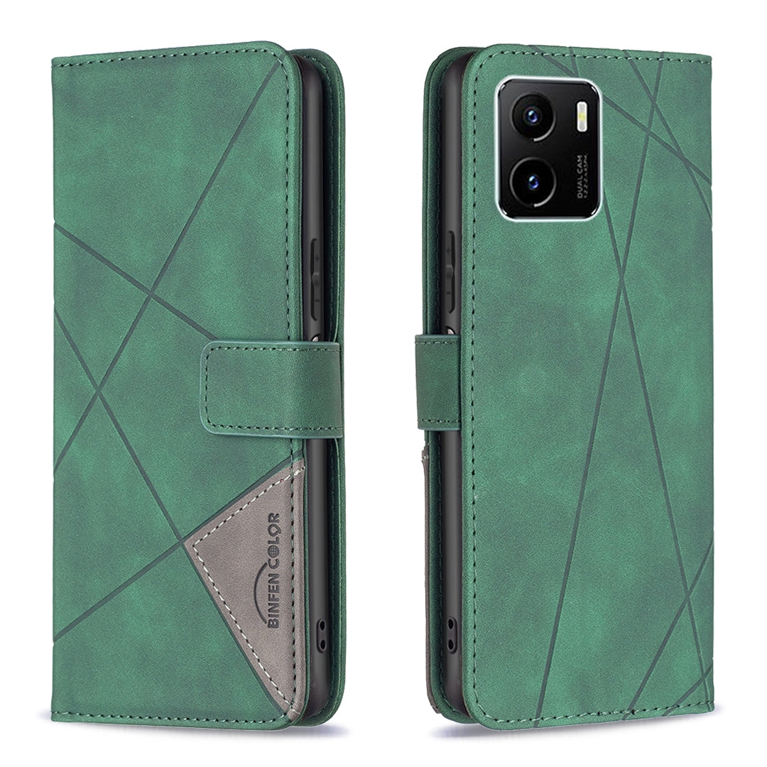 vivo Y15s Wallet Case – Rhombus Texture PU Leather, Magnetic Buckle, Card Slots, Stand Function, Shockproof Protective Cover