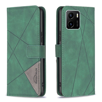 vivo Y15s Wallet Case – Rhombus Texture PU Leather, Magnetic Buckle, Card Slots, Stand Function, Shockproof Protective Cover