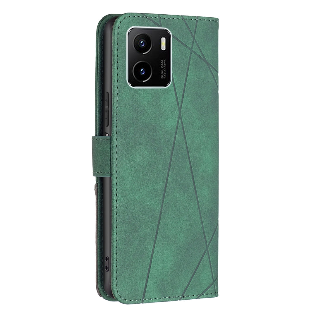 vivo Y15s Wallet Case – Rhombus Texture PU Leather, Magnetic Buckle, Card Slots, Stand Function, Shockproof Protective Cover