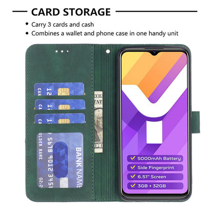 vivo Y15s Wallet Case – Rhombus Texture PU Leather, Magnetic Buckle, Card Slots, Stand Function, Shockproof Protective Cover
