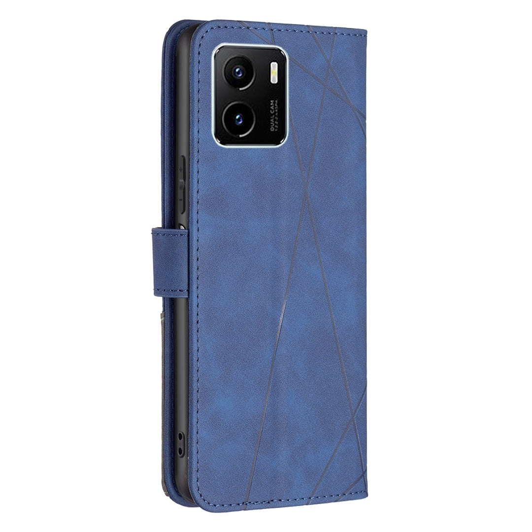 vivo Y15s Wallet Case – Rhombus Texture PU Leather, Magnetic Buckle, Card Slots, Stand Function, Shockproof Protective Cover
