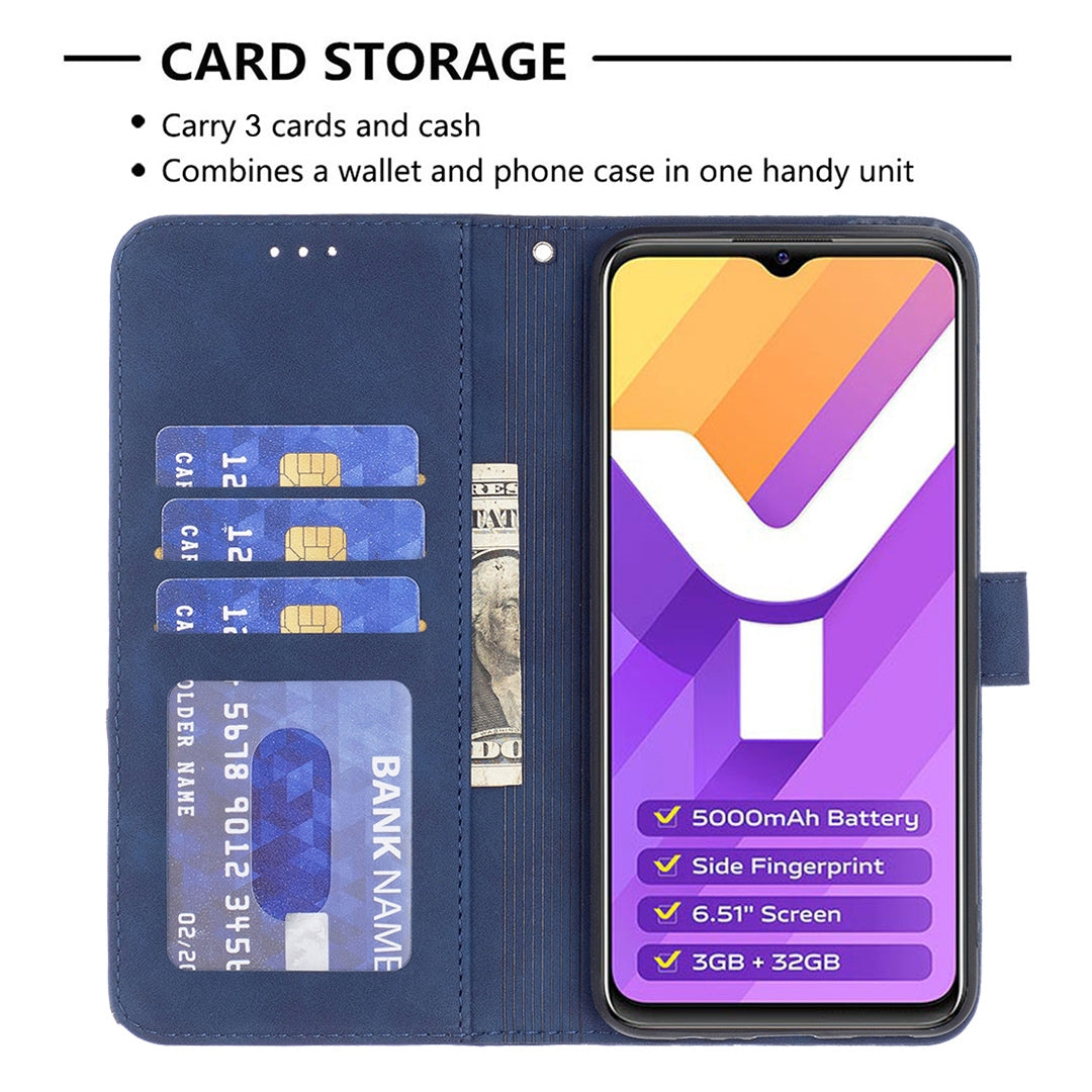 vivo Y15s Wallet Case – Rhombus Texture PU Leather, Magnetic Buckle, Card Slots, Stand Function, Shockproof Protective Cover