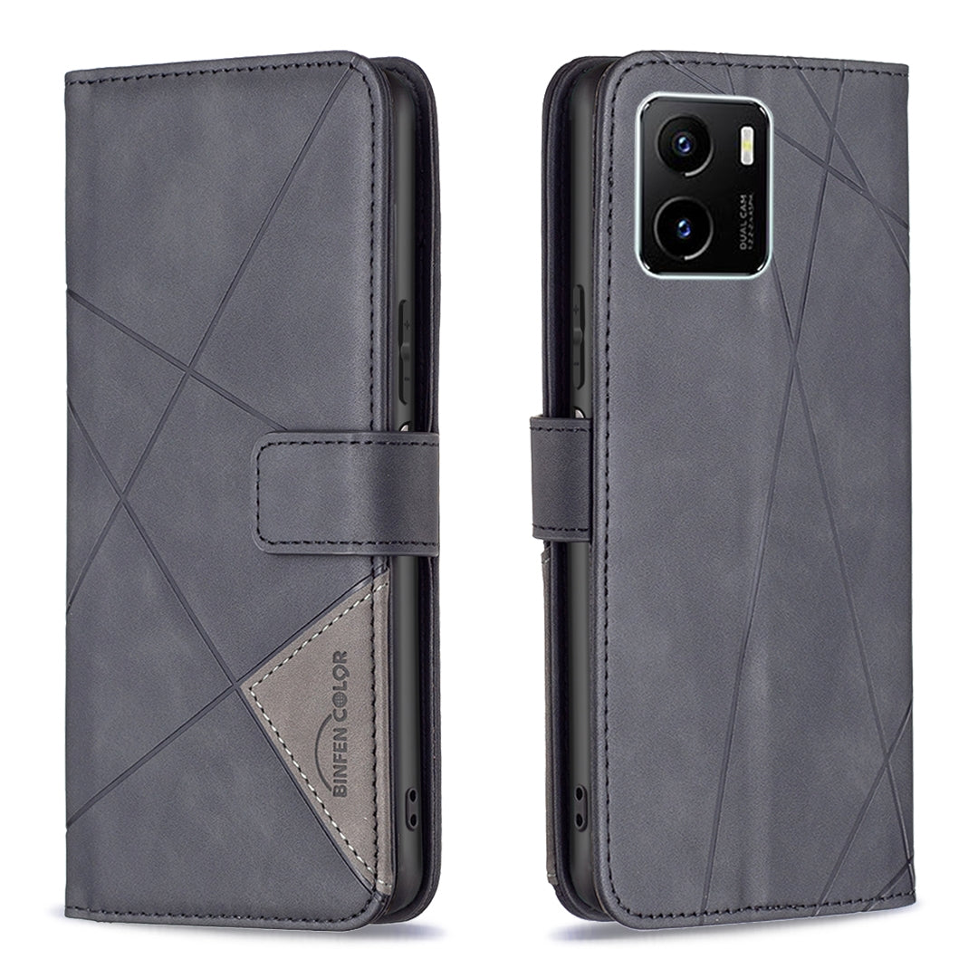 vivo Y15s Wallet Case – Rhombus Texture PU Leather, Magnetic Buckle, Card Slots, Stand Function, Shockproof Protective Cover