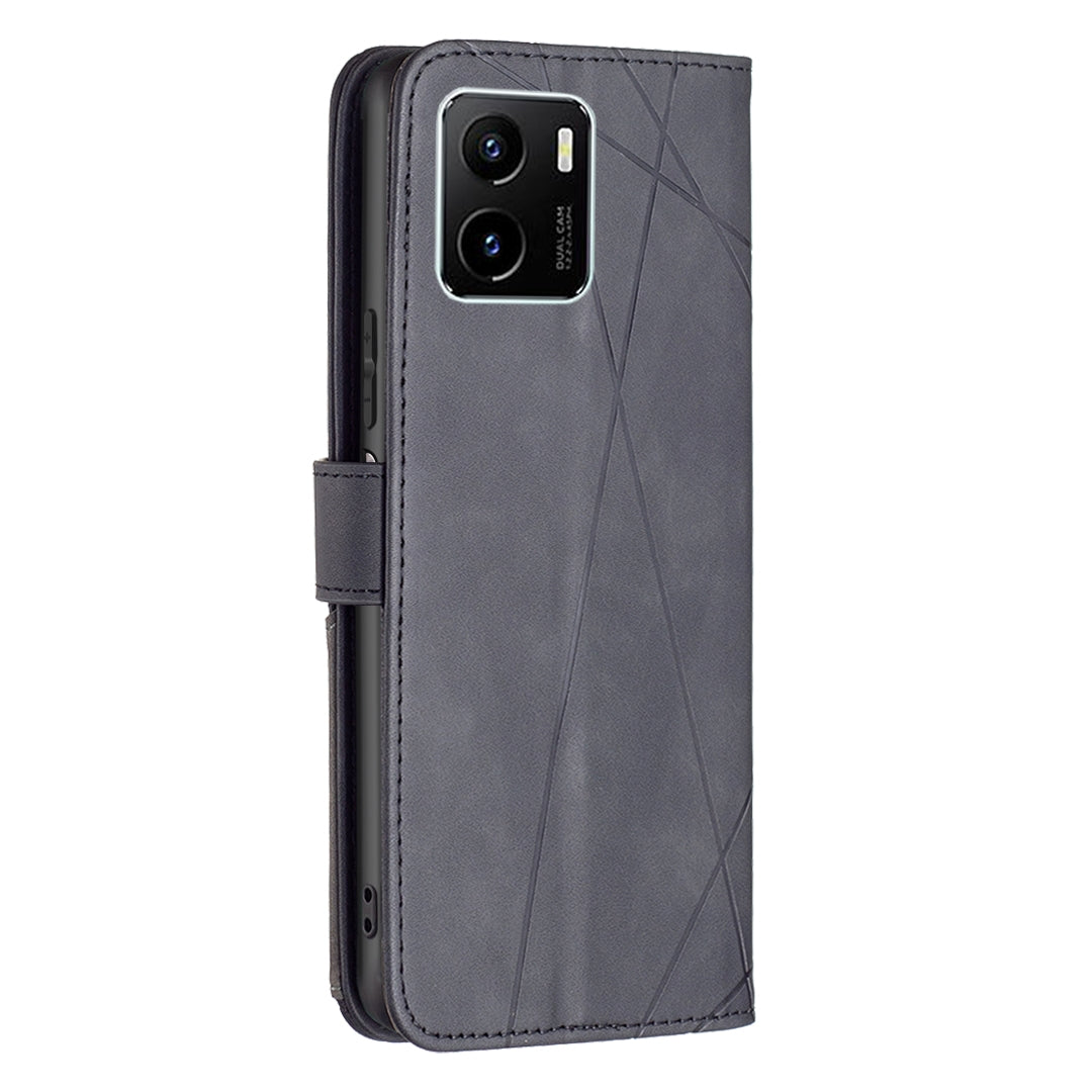 vivo Y15s Wallet Case – Rhombus Texture PU Leather, Magnetic Buckle, Card Slots, Stand Function, Shockproof Protective Cover