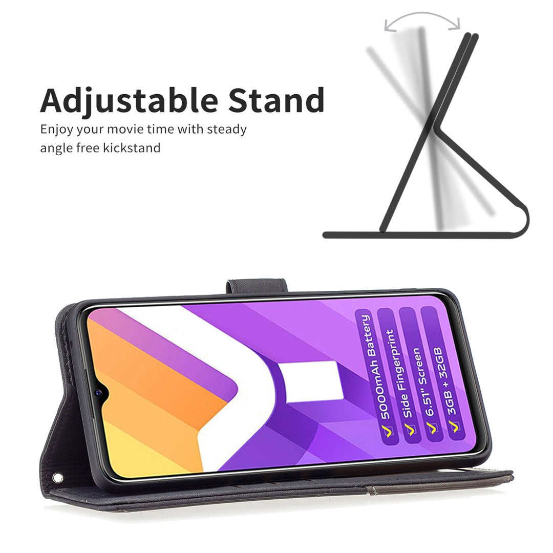 vivo Y15s Wallet Case – Rhombus Texture PU Leather, Magnetic Buckle, Card Slots, Stand Function, Shockproof Protective Cover