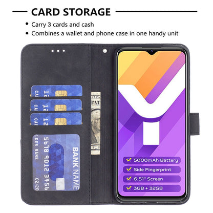 vivo Y15s Wallet Case – Rhombus Texture PU Leather, Magnetic Buckle, Card Slots, Stand Function, Shockproof Protective Cover