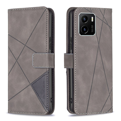 vivo Y15s Wallet Case – Rhombus Texture PU Leather, Magnetic Buckle, Card Slots, Stand Function, Shockproof Protective Cover