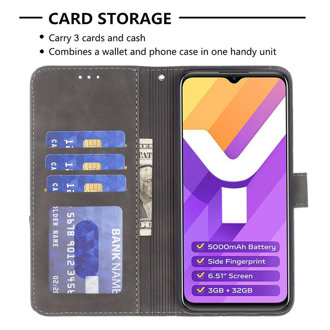 vivo Y15s Wallet Case – Rhombus Texture PU Leather, Magnetic Buckle, Card Slots, Stand Function, Shockproof Protective Cover