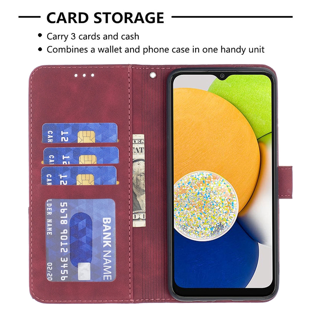 Samsung Galaxy A03 166mm Wallet Case – Rhombus Texture PU Leather, Magnetic Buckle, Card Slots, Stand Function, Shockproof Protective Cover