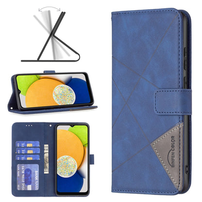 Samsung Galaxy A03 166mm Wallet Case – Rhombus Texture PU Leather, Magnetic Buckle, Card Slots, Stand Function, Shockproof Protective Cover