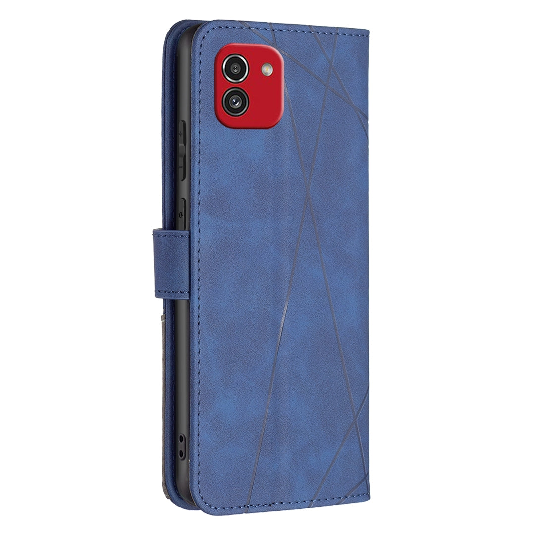 Samsung Galaxy A03 166mm Wallet Case – Rhombus Texture PU Leather, Magnetic Buckle, Card Slots, Stand Function, Shockproof Protective Cover