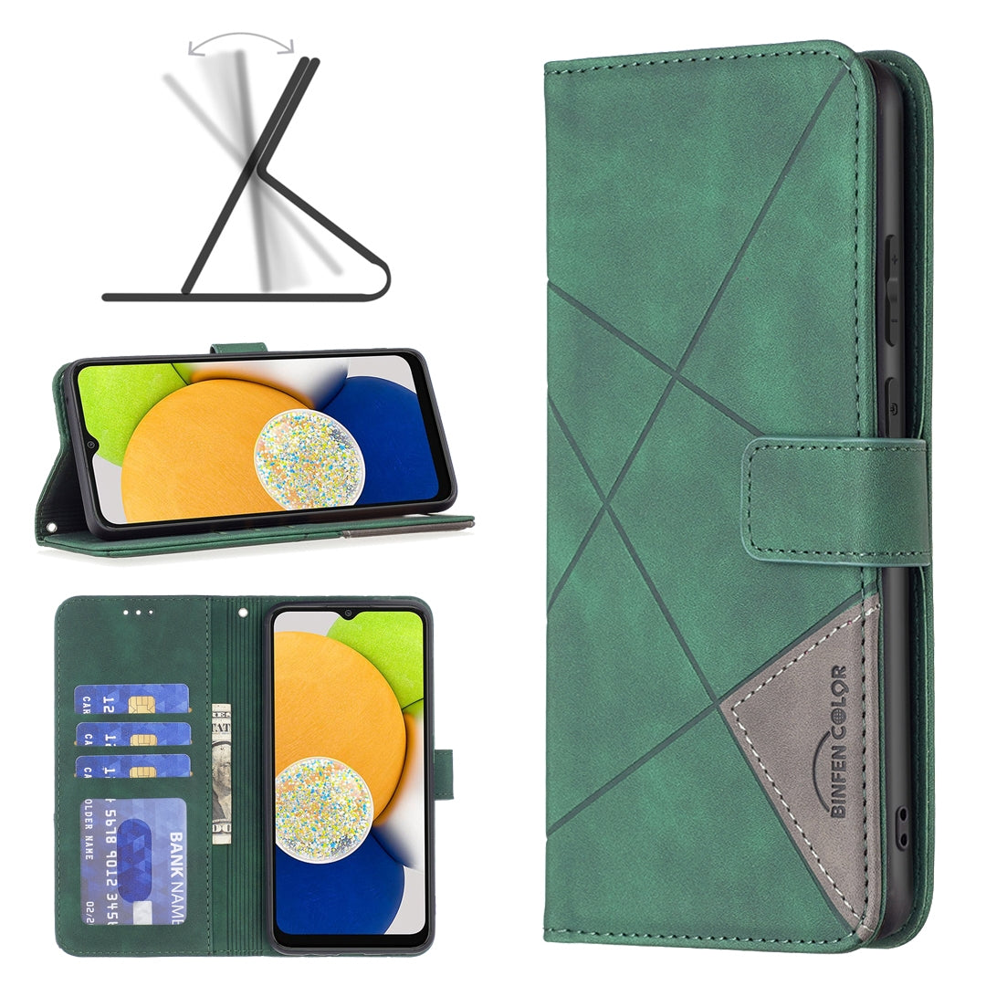 Samsung Galaxy A03 166mm Wallet Case – Rhombus Texture PU Leather, Magnetic Buckle, Card Slots, Stand Function, Shockproof Protective Cover