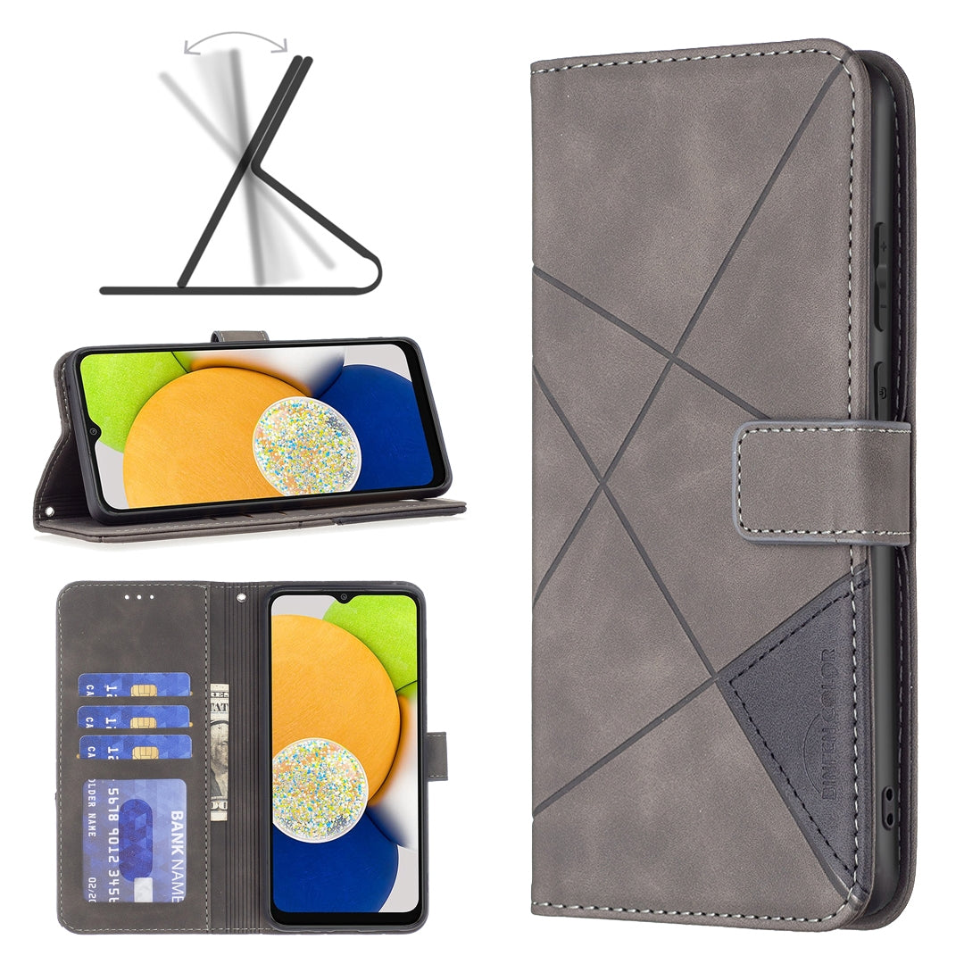 Samsung Galaxy A03 166mm Wallet Case – Rhombus Texture PU Leather, Magnetic Buckle, Card Slots, Stand Function, Shockproof Protective Cover