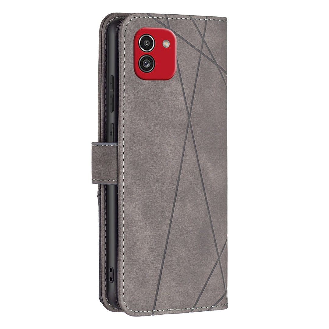Samsung Galaxy A03 166mm Wallet Case – Rhombus Texture PU Leather, Magnetic Buckle, Card Slots, Stand Function, Shockproof Protective Cover