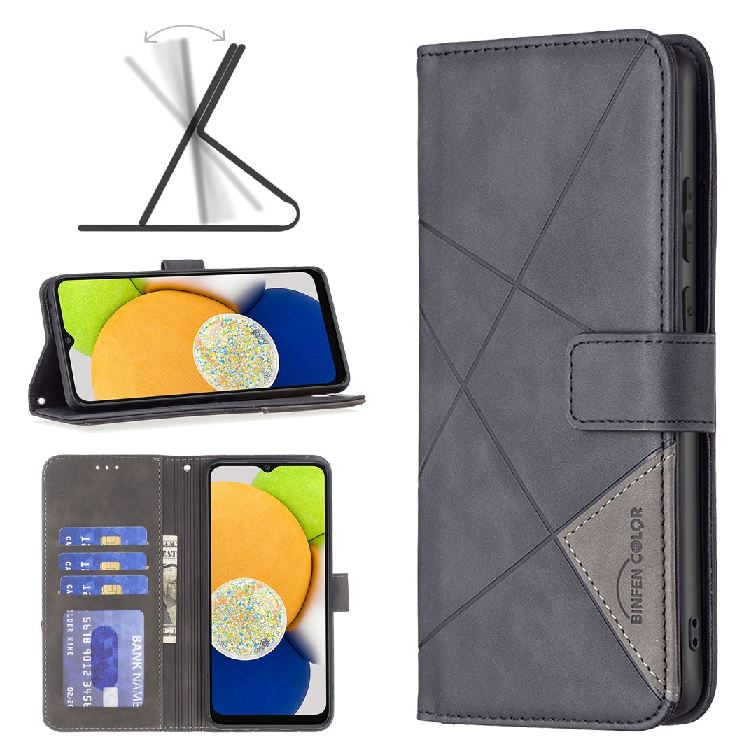 Samsung Galaxy A03 166mm Wallet Case – Rhombus Texture PU Leather, Magnetic Buckle, Card Slots, Stand Function, Shockproof Protective Cover