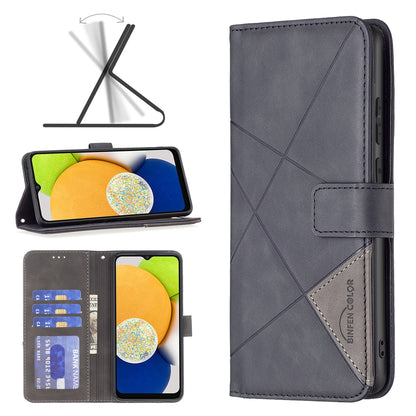 Samsung Galaxy A03 166mm Wallet Case – Rhombus Texture PU Leather, Magnetic Buckle, Card Slots, Stand Function, Shockproof Protective Cover