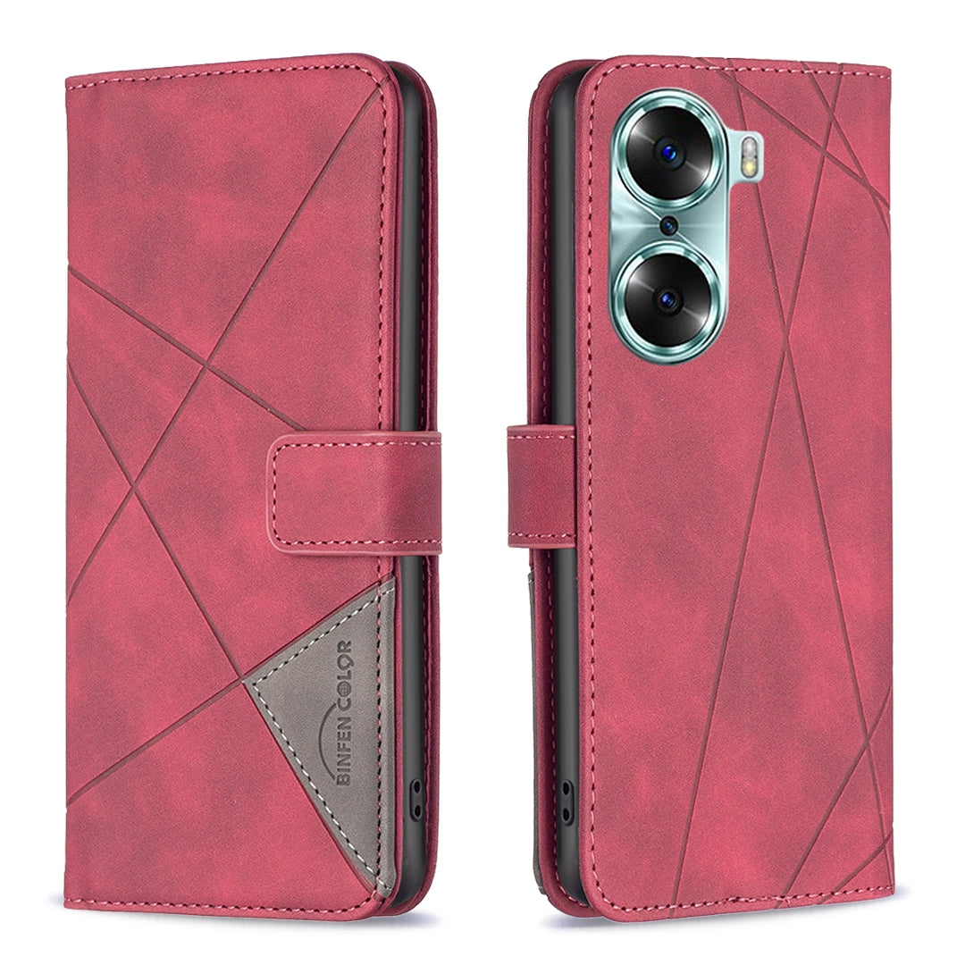 Honor 60 Wallet Case – Rhombus Texture PU Leather, Magnetic Buckle, Card Slots, Stand Function, Shockproof Protective Cover