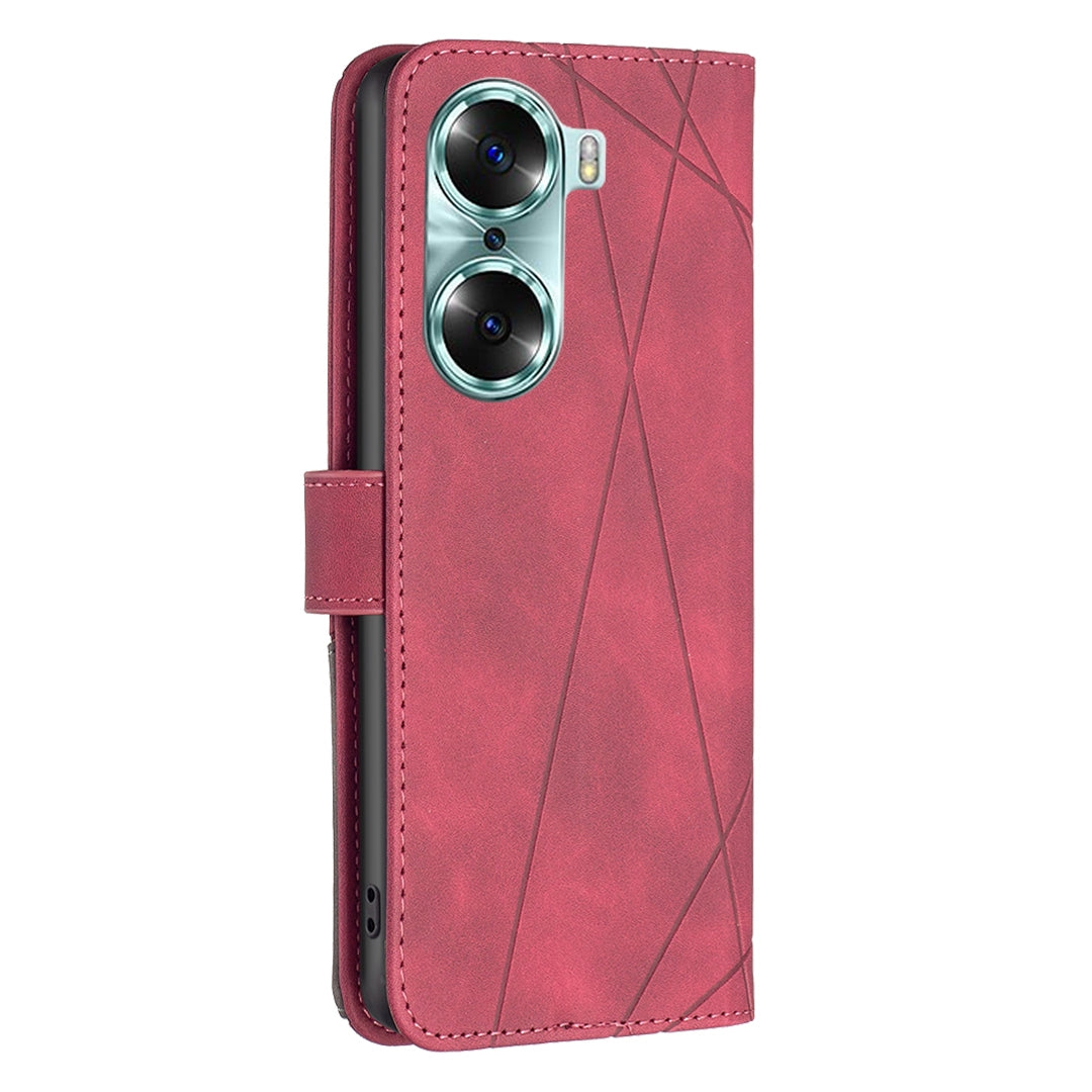 Honor 60 Wallet Case – Rhombus Texture PU Leather, Magnetic Buckle, Card Slots, Stand Function, Shockproof Protective Cover