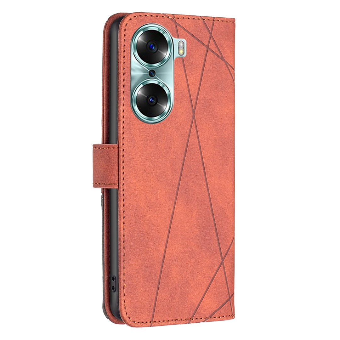 Honor 60 Wallet Case – Rhombus Texture PU Leather, Magnetic Buckle, Card Slots, Stand Function, Shockproof Protective Cover