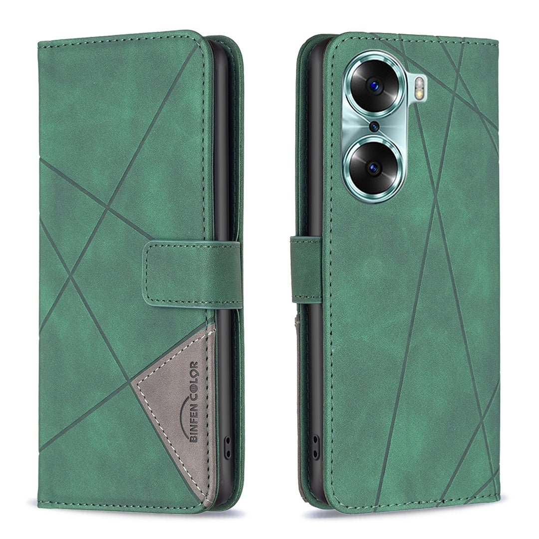 Honor 60 Wallet Case – Rhombus Texture PU Leather, Magnetic Buckle, Card Slots, Stand Function, Shockproof Protective Cover