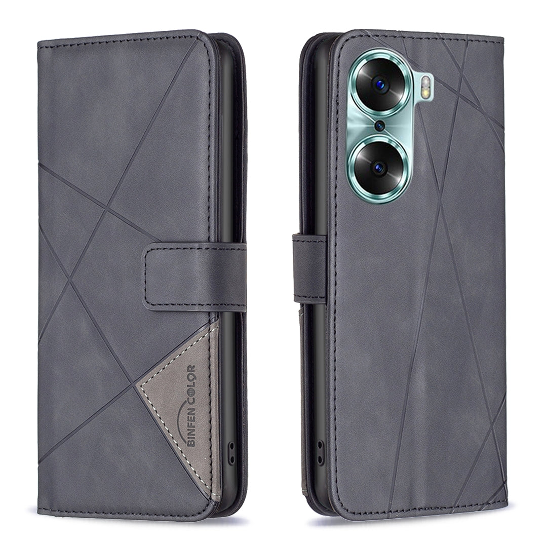 Honor 60 Wallet Case – Rhombus Texture PU Leather, Magnetic Buckle, Card Slots, Stand Function, Shockproof Protective Cover