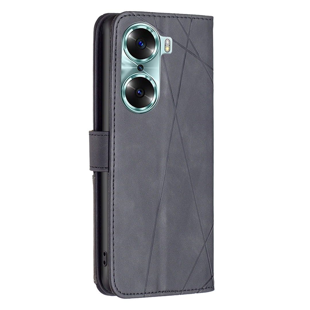 Honor 60 Wallet Case – Rhombus Texture PU Leather, Magnetic Buckle, Card Slots, Stand Function, Shockproof Protective Cover