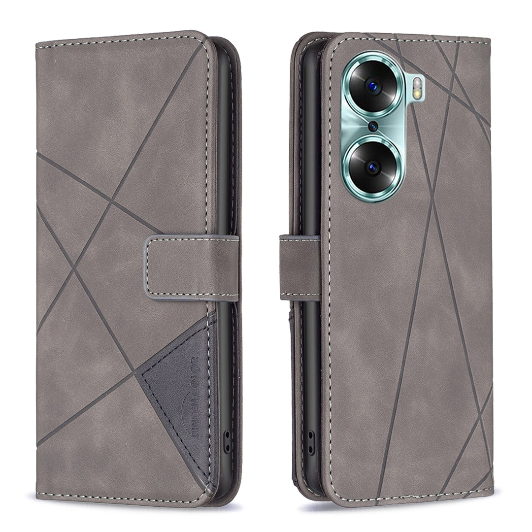 Honor 60 Wallet Case – Rhombus Texture PU Leather, Magnetic Buckle, Card Slots, Stand Function, Shockproof Protective Cover