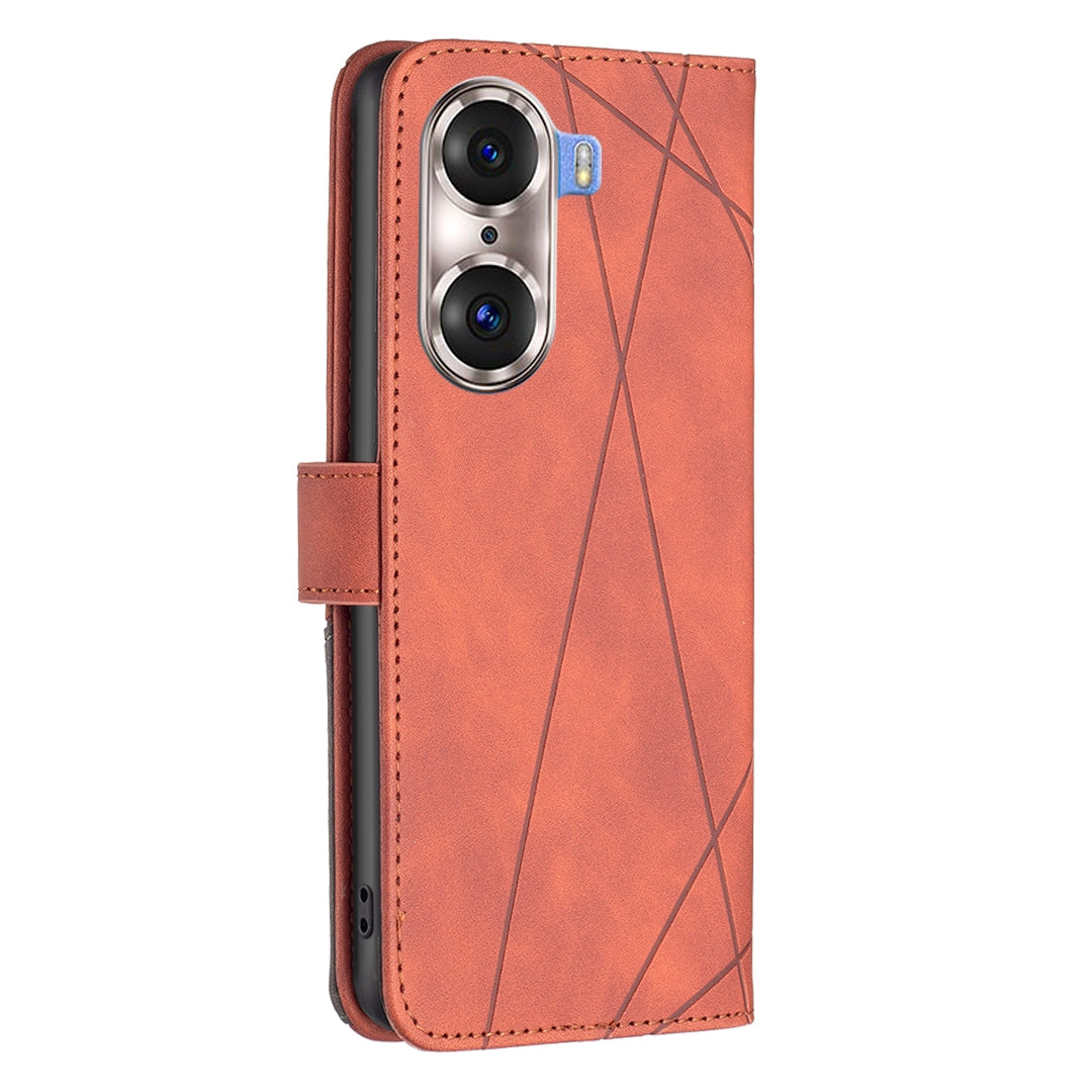 Honor 60 Pro Wallet Case – Rhombus Texture PU Leather, Magnetic Buckle, Card Slots, Stand Function, Shockproof Protective Cover