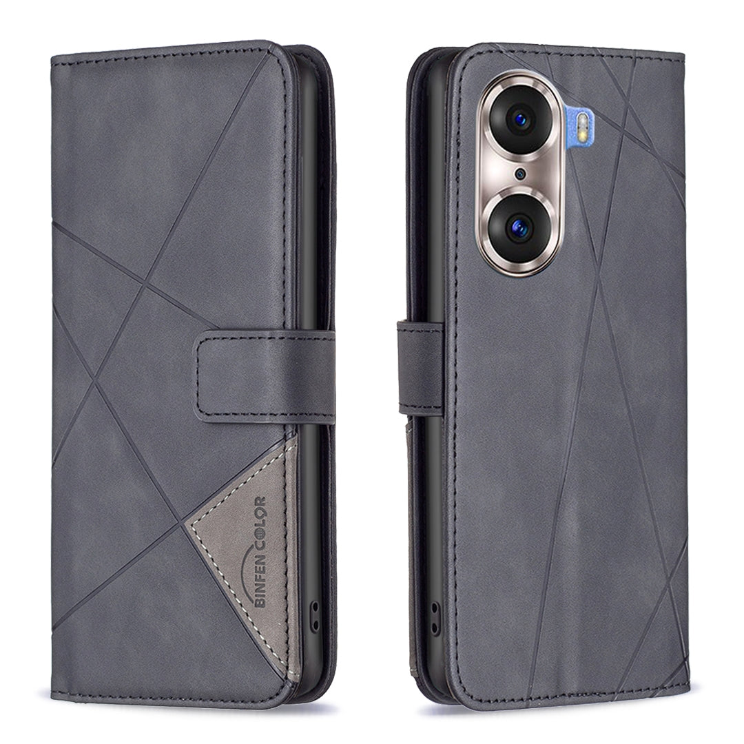 Honor 60 Pro Wallet Case – Rhombus Texture PU Leather, Magnetic Buckle, Card Slots, Stand Function, Shockproof Protective Cover