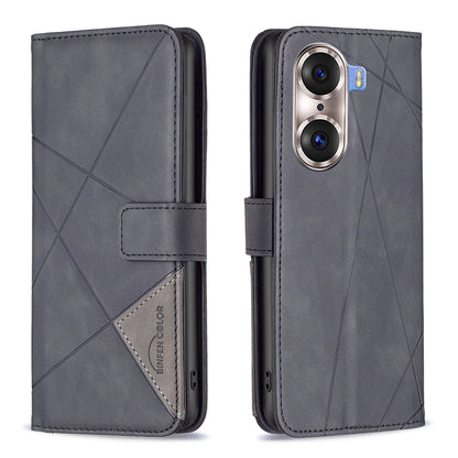 Honor 60 Pro Wallet Case – Rhombus Texture PU Leather, Magnetic Buckle, Card Slots, Stand Function, Shockproof Protective Cover
