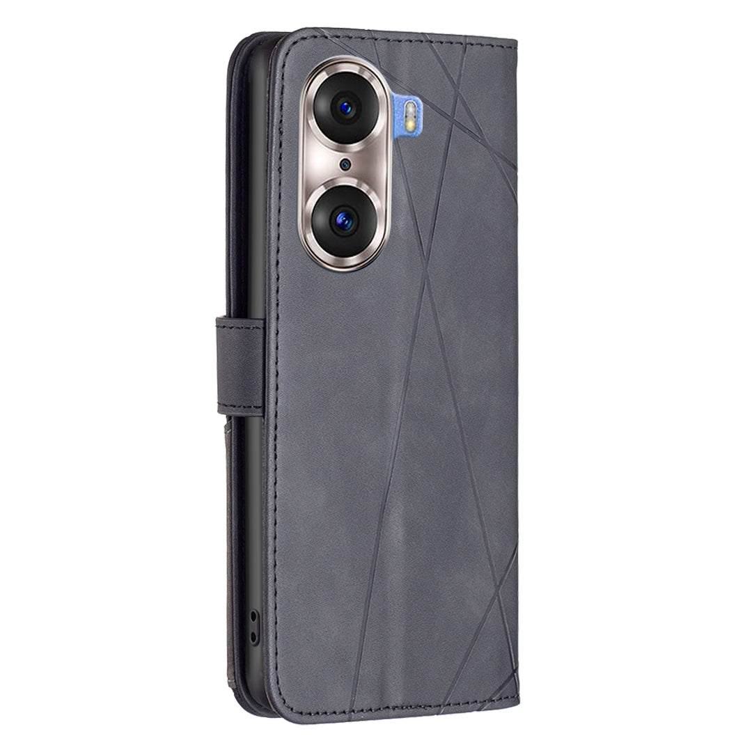 Honor 60 Pro Wallet Case – Rhombus Texture PU Leather, Magnetic Buckle, Card Slots, Stand Function, Shockproof Protective Cover