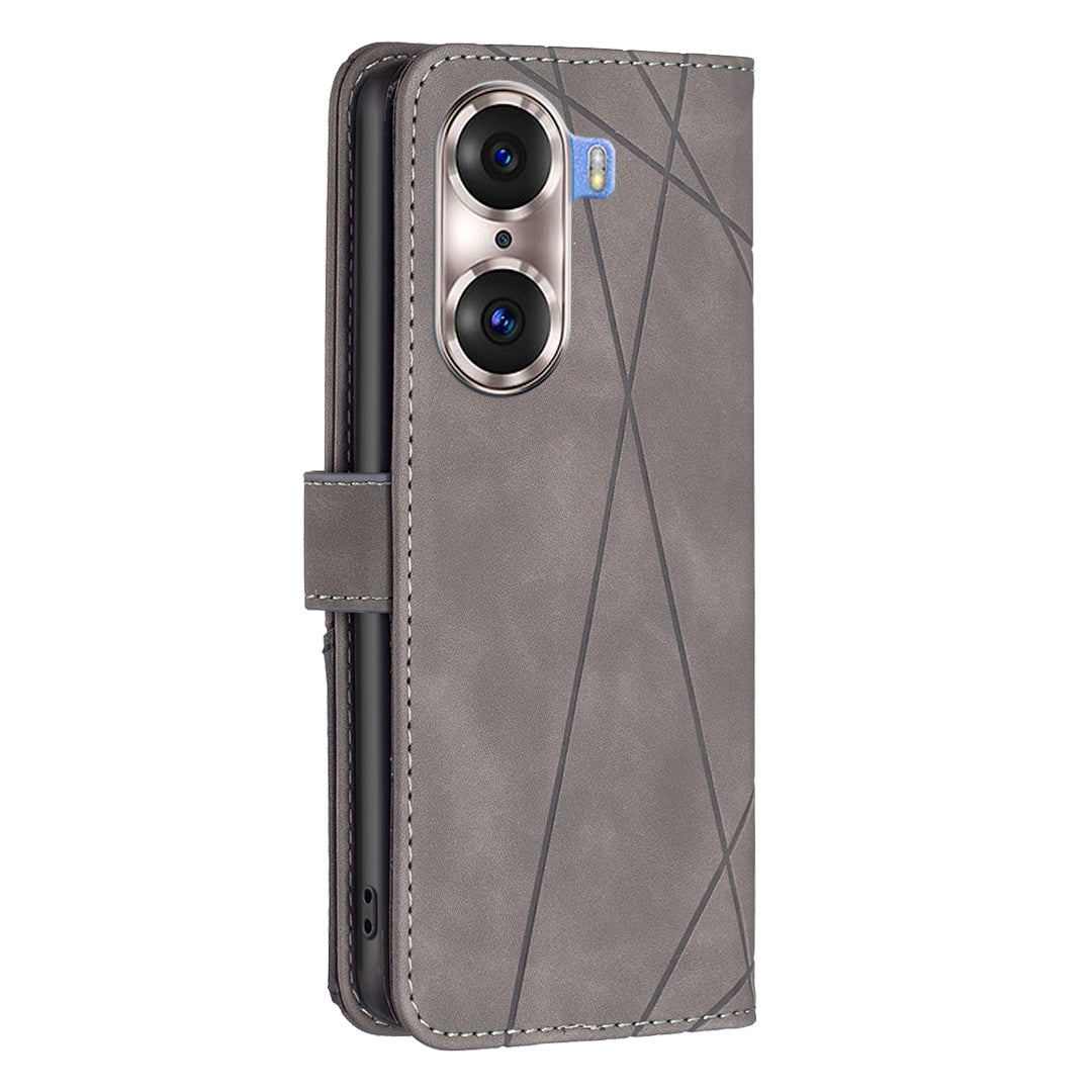 Honor 60 Pro Wallet Case – Rhombus Texture PU Leather, Magnetic Buckle, Card Slots, Stand Function, Shockproof Protective Cover