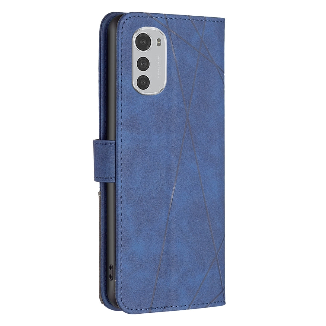 Motorola Moto E32 4G Wallet Case – Rhombus Texture PU Leather, Magnetic Buckle, Card Slots, Stand Function, Shockproof Protective Cover