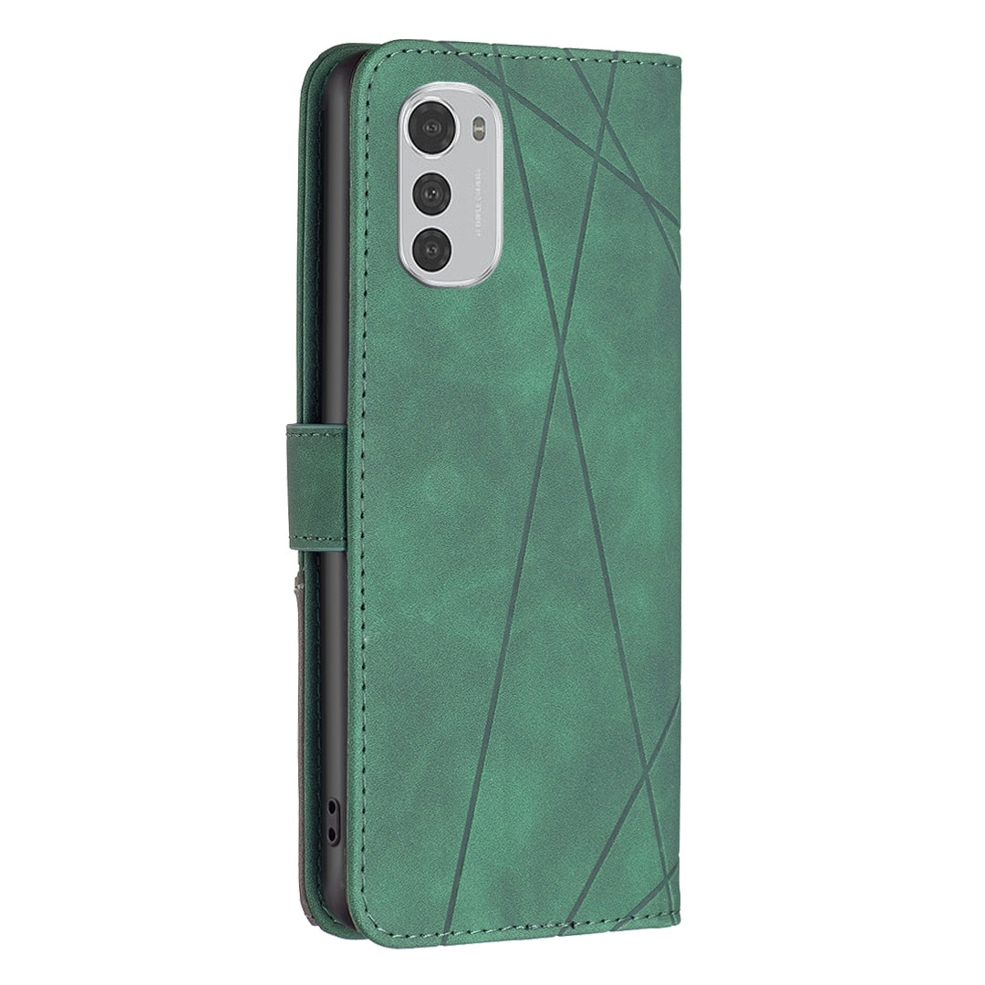 Motorola Moto E32 4G Wallet Case – Rhombus Texture PU Leather, Magnetic Buckle, Card Slots, Stand Function, Shockproof Protective Cover